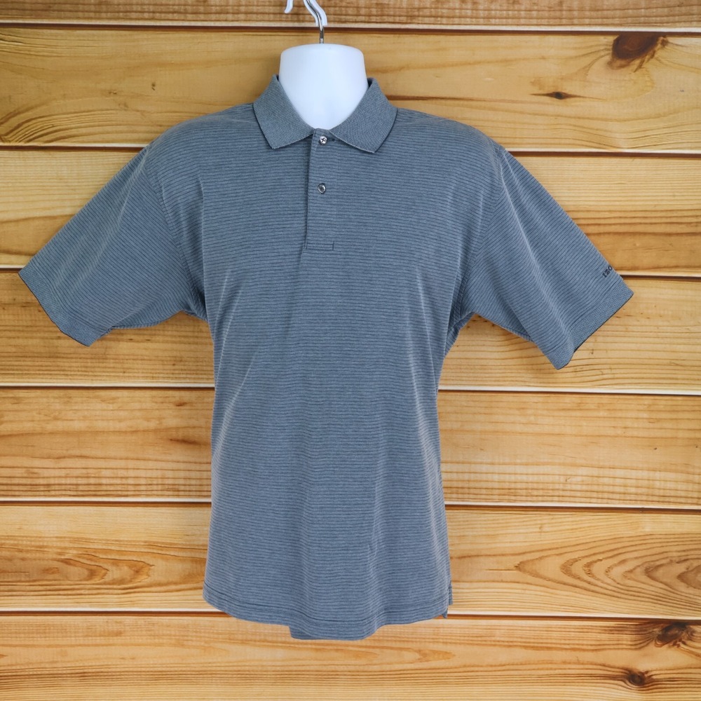 IZOD Polo Golf Shirt Mens Size M Gray Striped Cotton Blend Stretch Spread Collar